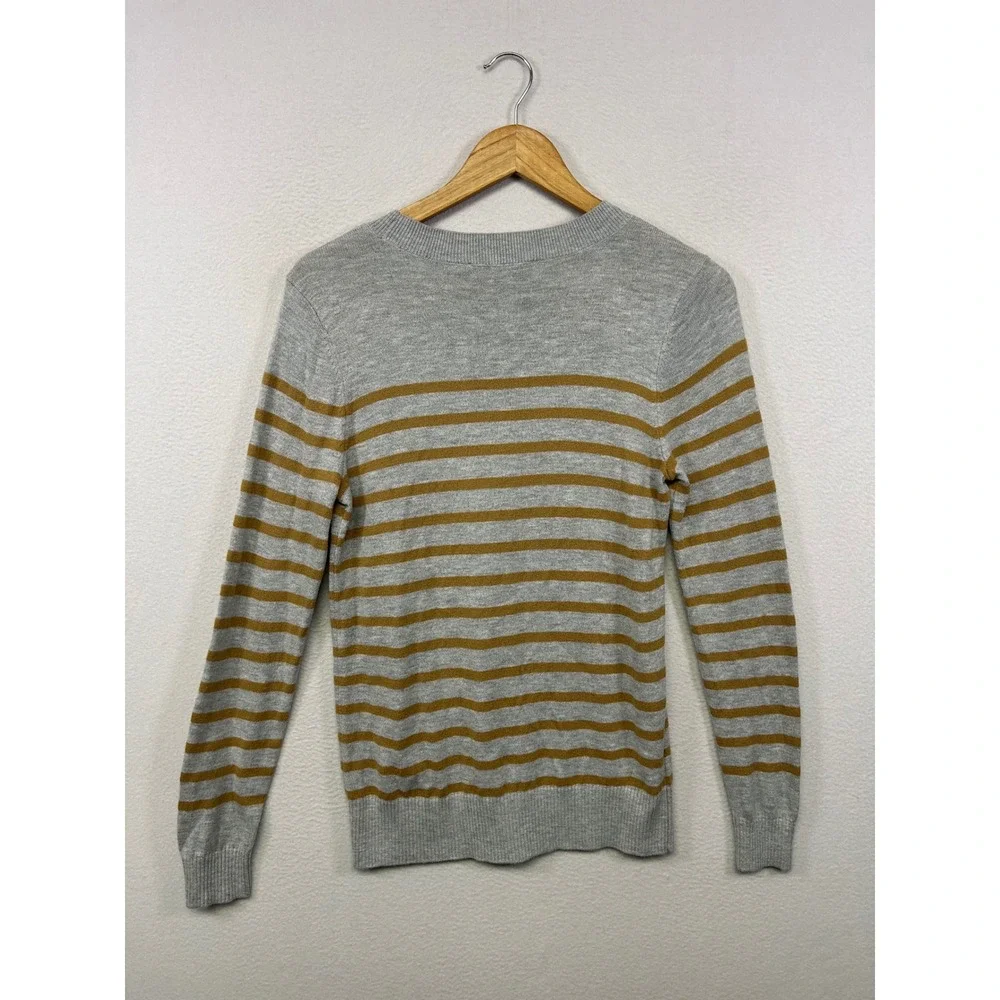 LOFT Preppy Academia Womens Medium Grey Mustard Striped Crewneck Sweater